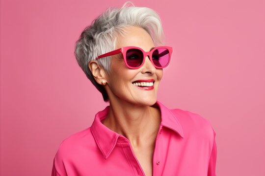 Happy smiling senior woman in pink sunglasses and pink shirt on pink background