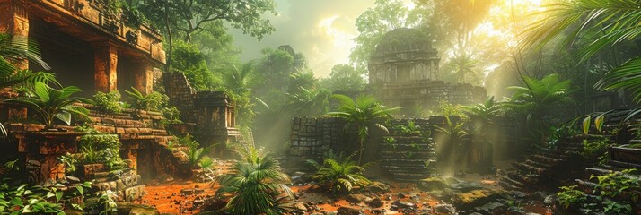 An Ancient Mayan Jungle City With Pyramids, Background Image, Background For Banner, HD - obrazy, fototapety, plakaty