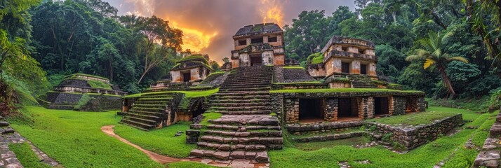 Obraz premium An Ancient Mayan Jungle City With Pyramids, Background Image, Background For Banner, HD