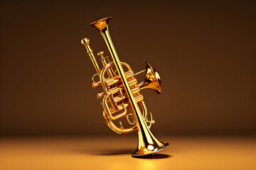close-up of a golden musical instrument trumpet on a brown background,  generated by AI. 3D illustration - obrazy, fototapety, plakaty