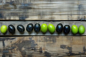 Set of green and black olives on wooden background. - obrazy, fototapety, plakaty