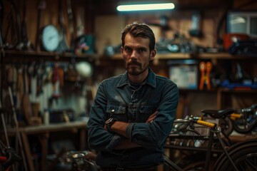 Portrait, serious and repair man in bicycle shop with arms crossed in workshop.