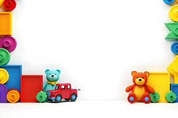 children's background for design: white background with toys, construction sets and cars,  generated by AI. 3D illustration