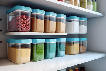 Close-up of a kitchen shelf with clear jars of pasta, cereals and other