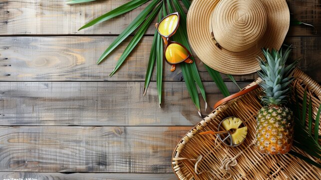 Straw hat, bamboo bag, sunglasses, palm branches, pineapple over wooden background, top view, wide composition. Summer fashion, holiday concept