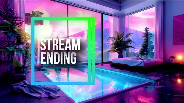 Stream Ending Moment: Gentle animation with a tranquil bedroom and reflective pool, signaling the end while reminding viewers to follow, subscribe, and check the schedule. A serene farewell to ensure 