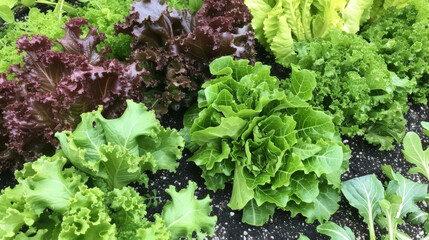 An array of leafy greens from dark and curly kale to vibrant and crisp lettuce all thriving in the nutrientrich soil of the organic garden.