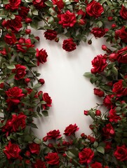 Frame for valentine's day, center is white, blank copy space, surrounded by red roses.