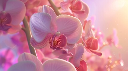 Blossoming Orchids: Macro shot reveals orchids unfurling their petals in a gentle breeze, calming...