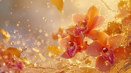 Orchid Cascade: Macro shot captures autumn orchids showered by golden leaves, calming waves.