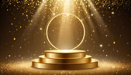 Shimmering Success: Gold Podium with Glitter Confetti Sparkle Rain Background