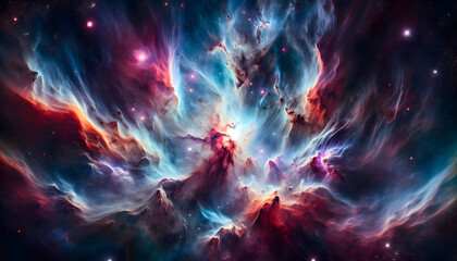 the Orion Nebula, a celestial tapestry of vibrant gases and ethereal hues, swirling and dancing in the cosmic darkness. The composition captures the essence of wonder and awe
