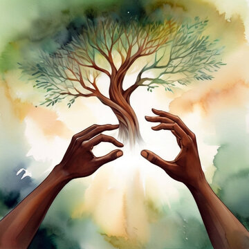 Empowering environmental consciousness: A conceptual image of man and nature uniting, symbolizing protection and sustainable coexistence. Ideal for eco-friendly concepts