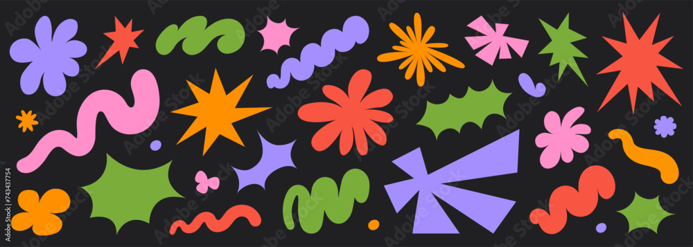 Poster abstract set colorful retro groovy shapes on a black background. trendy geometric cosmic starburst f