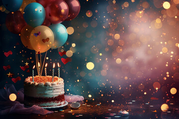 birthday party balloons, colourful balloons background and birthday cake with candles