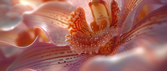 Wavy Whispers: Dive into the intricate world of orchid petals in an extreme macro close-up, where deep colors flow and wavy patterns dance.