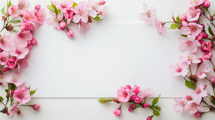 Frame of pink spring flowers with clear space in the middle - obrazy, fototapety, plakaty