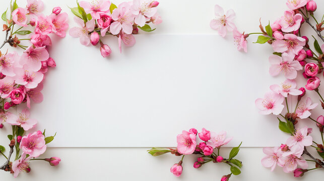 Frame of pink spring flowers with clear space in the middle