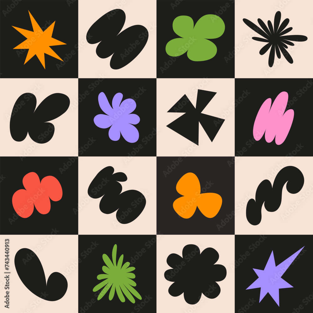 Poster Abstract seamless pattern with simple funky groovy shapes. Brutal background in style y2k, 00s. Black and beige colors. Modern collage vector illustration.