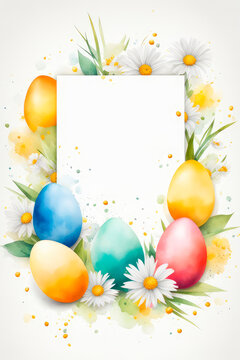 Celebrating Easter, holiday greeting card watercolor with chamomiles and colored eggs.