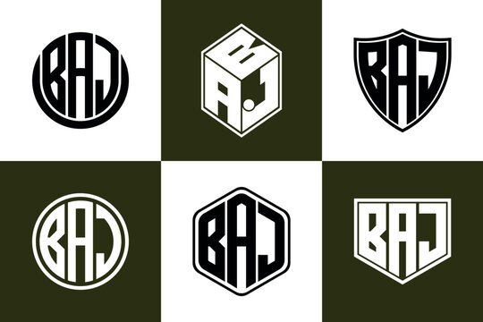BAJ initial letter geometric shape icon logo design vector. monogram, letter mark, circle, polygon, shield, symbol, emblem, elegant, abstract, wordmark, sign, art, typography, icon, geometric, shape