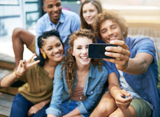 Hand, students and group or smile for selfie at university campus for profile picture update or...