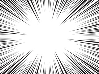 Burst light speed line anime zoom frame background. Black and white radial comics style lines background. Manga action background.