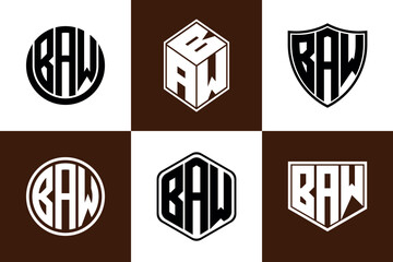 BAW initial letter geometric shape icon logo design vector. monogram, letter mark, circle, polygon, shield, symbol, emblem, elegant, abstract, wordmark, sign, art, typography, icon, geometric, shape