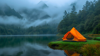 Close-up of a tent in the foreground and mountains with fog in the background with a lake or river in the foreground.