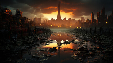 Captivating Urban Sunset: City Skyline Reflections in the Waters at Dusk, generative AI