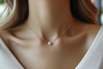 A woman is showcasing a pearl necklace on her neck