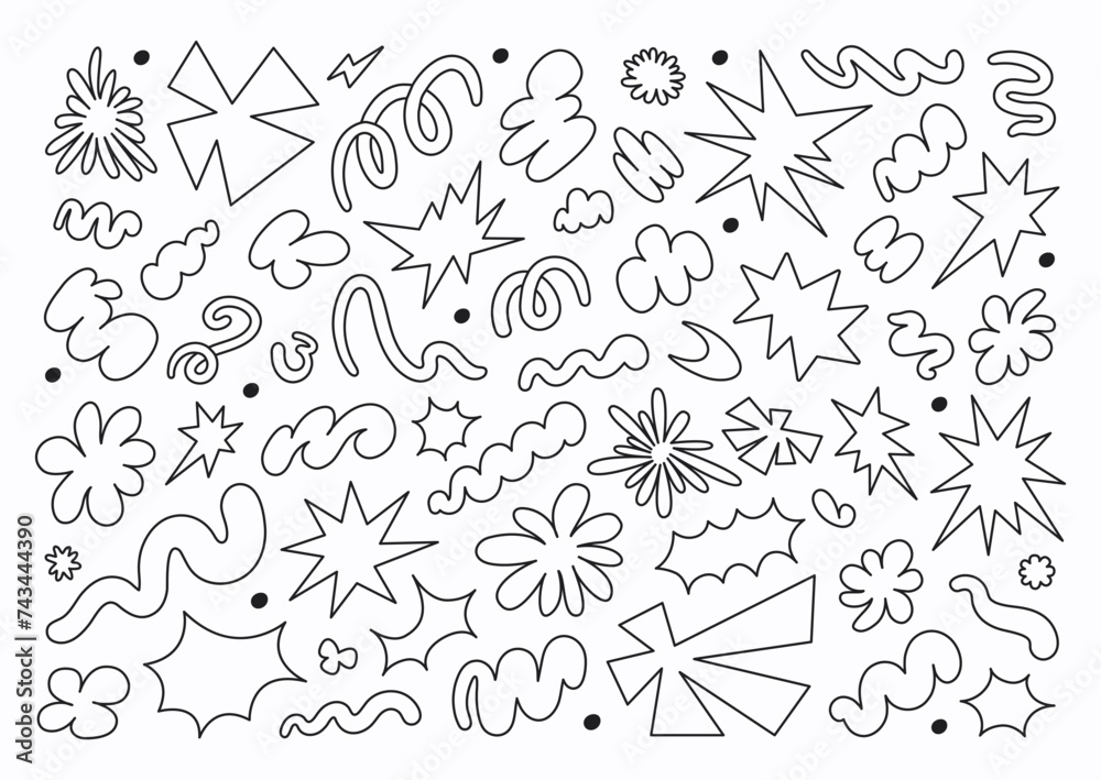 Poster abstract set linear wavy retro groovy shapes on a white background. trendy geometric cosmic starburs