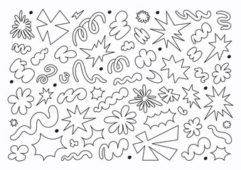 Abstract set linear wavy retro groovy shapes on a white background. Trendy geometric cosmic starburst forms. Vector illustration in style 90s, 00s