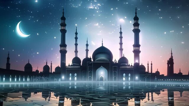 mystical night scene featuring an intricate and beautifully designed mosque, illuminated under the starry sky with a crescent moon