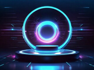 Podium light hologram tech technology background portal circle cyberpunk effect digital. Game element podium hologram light blue hud vector 3d future futuristic data concept neon vr fi abstract cyber