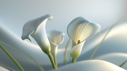 Sculpted Serenity: Calla lilies stand as serene sculptures, their elegant forms exuding a sense of tranquil beauty. - obrazy, fototapety, plakaty