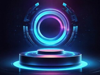 Podium light hologram tech technology background portal circle cyberpunk effect digital. Game element podium hologram light blue hud vector 3d future futuristic data concept neon vr fi abstract cyber