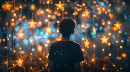 Child with back to camera among star lights. - Powered by Adobe