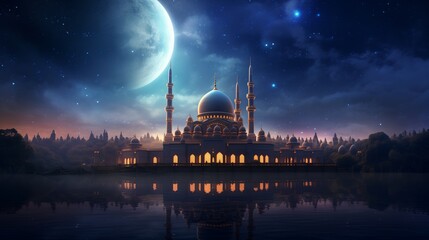 An ethereal illustration of a mosque under a canopy of twinkling stars, with the Milky Way...