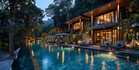 Luxury hotel with swimming pool at night in the tropics,Luxury hotel with swimming pool in the evening, Thailand.