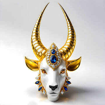 the head of a goat devil made of silver, with a golden horn that is adorned with gold inlay diamonds and flashing numerous jewels.