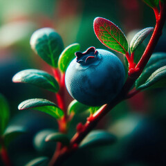 Blueberry on a branch with green leaves. Selective focus.