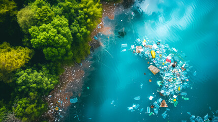 Plastic waste near a serene lake