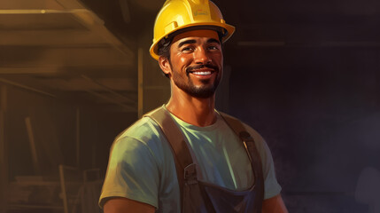 Portrait d'un travailleur souriant, avec son casque de chantier et son tablier. Equipier en construction - obrazy, fototapety, plakaty