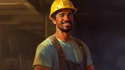 Fotobehang Portrait d'un travailleur souriant, avec son casque de chantier et son tablier. Equipier en construction © Mind Prod