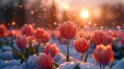 Fototapeta na wymiar Tulips Bravely Bloom in Unexpected Spring Snowfall