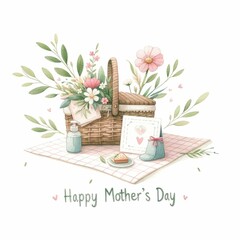 Mother's Day picnic scenes. watercolor illustration, Mother's Day Basket, Outing. Picnic basket. Family.