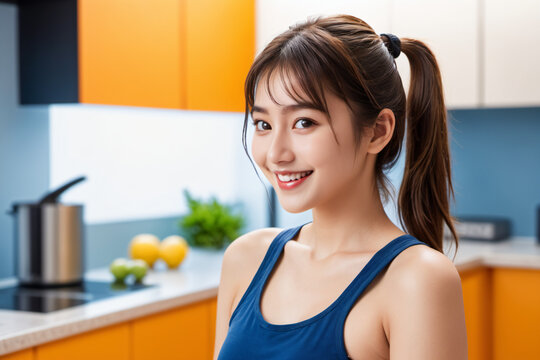 キッチンで前向きに微笑む美しい髪を結んだ日本人女性