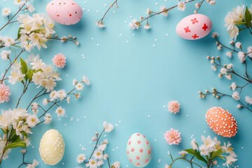 Decorated Easter eggs with flowers arranged in a circle on a blue background in the center with space for copy text. Spring card. Valentine's day, wedding day and anniversary concept