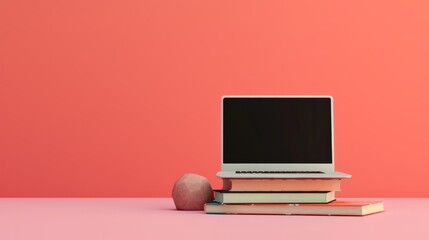 Modern open laptop lies on books on the table on a pink background, back to school concept, distance learning, work online, freelancing, copy text